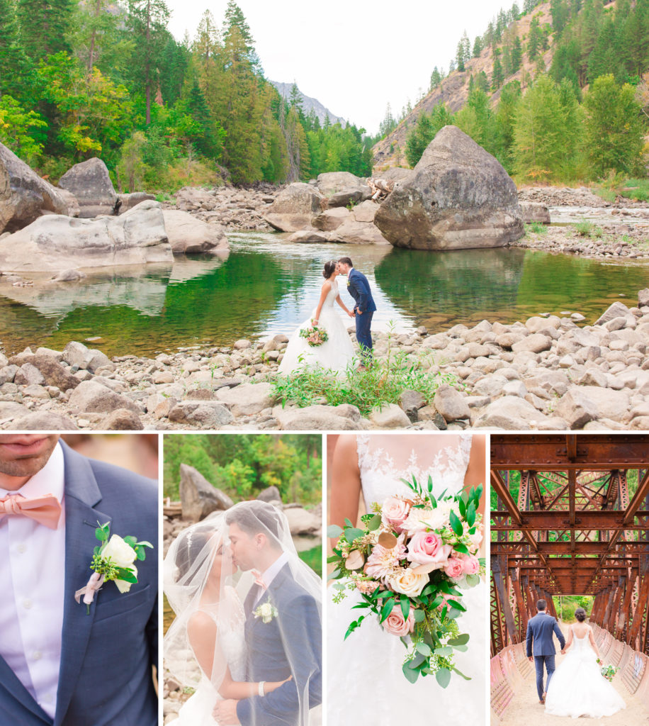 collage of hispanic wedding couple with images by the river and over the famous leavenworth bridge. Groom is wearing blue suit with peach color bow tie and bride has stunning white puffy dress cinderella like holding a beautiful boquet with pink and blush color roses and greenery. 