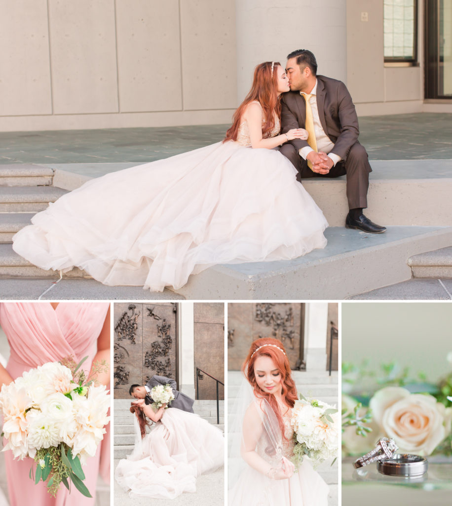 A collage of wedding photos for a vietnamese couple that got married in Seattle at the Four Seasons. She wore a blush color wedding gown and he wore a gray suit 