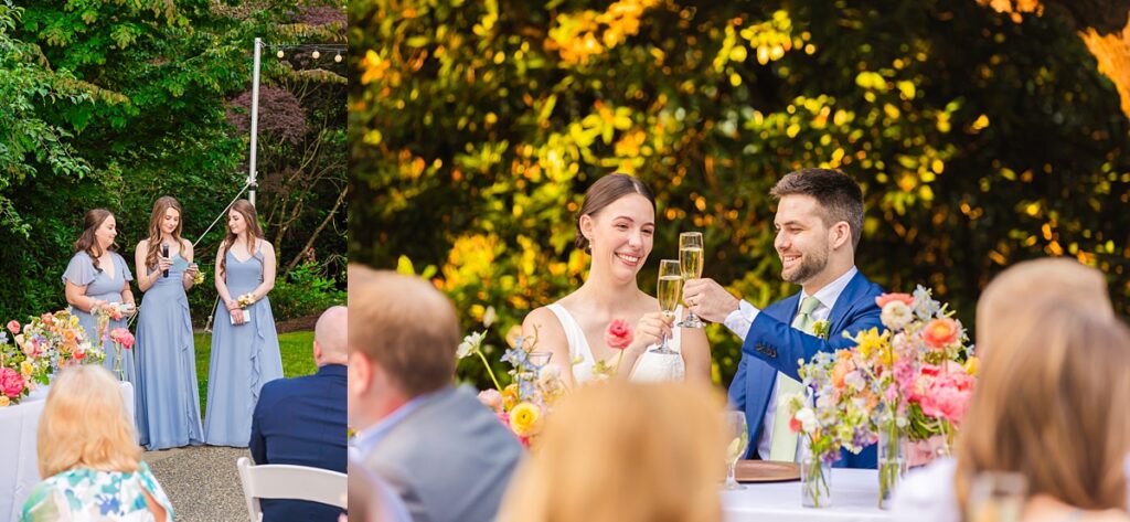 Bride and groom embracing during their Robinswood House wedding in Bellevue on a sunny summer day