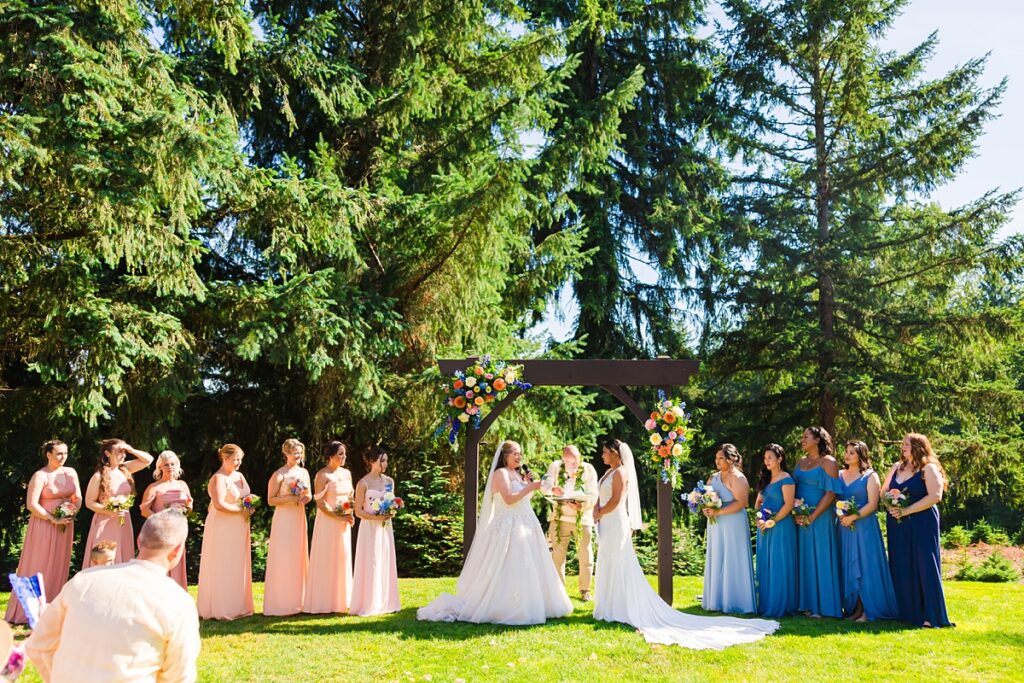 Same-sex wedding ceremony for Crystle and Leona at Trinity Tree Farm in Washington