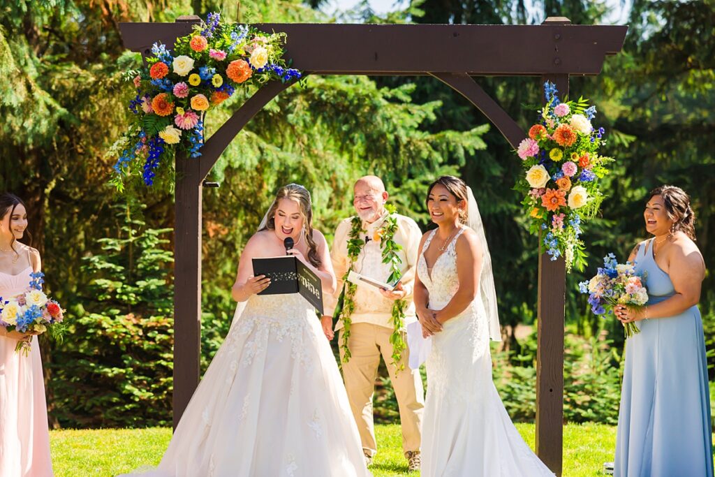Same-sex wedding ceremony for Crystle and Leona at Trinity Tree Farm in Washington