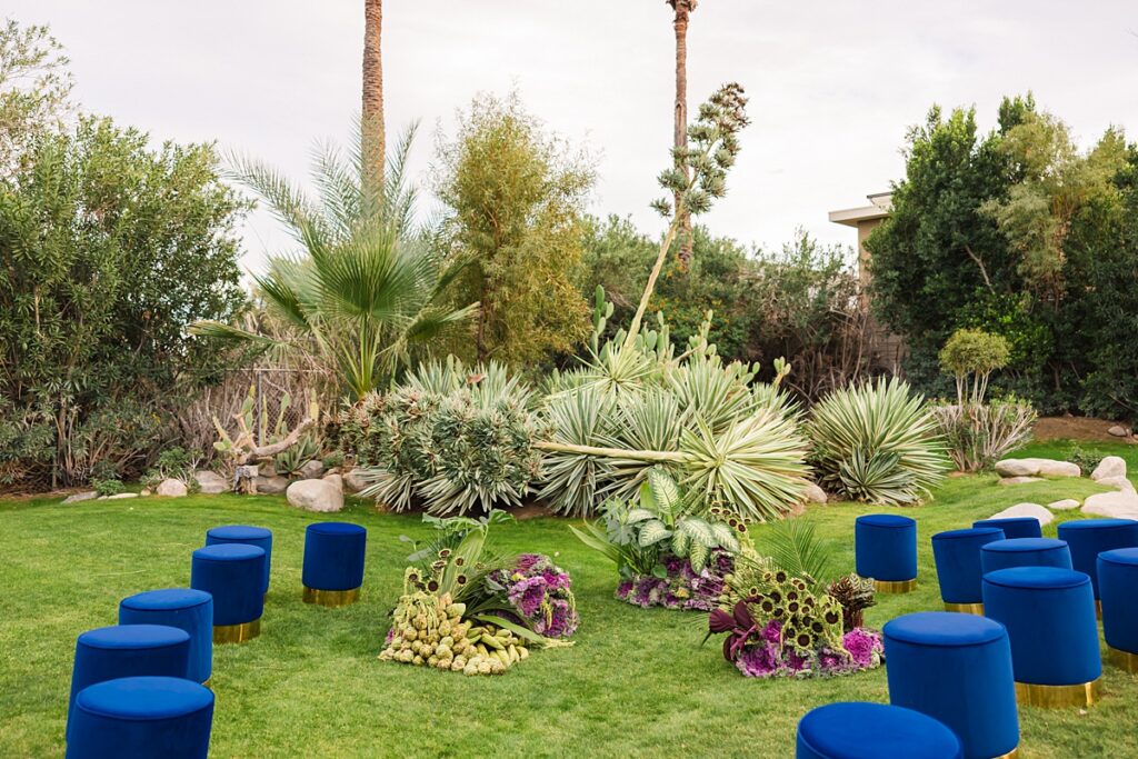 Same-sex couple ceremony setup at a Cree Estate wedding in Palm Springs with colorful seating