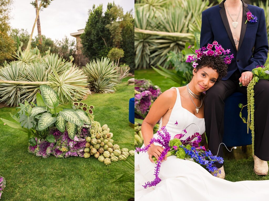 Same-sex couple ceremony setup at a Cree Estate wedding in Palm Springs with colorful seating