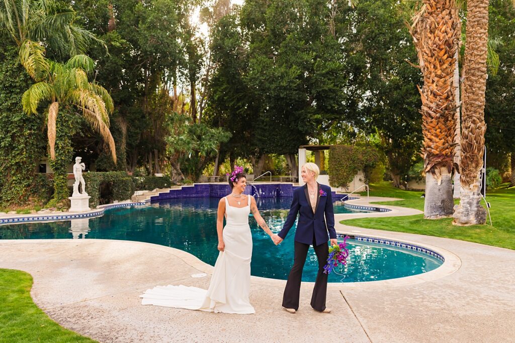 Same-sex couple ceremony setup at a Cree Estate wedding in Palm Springs with colorful seating