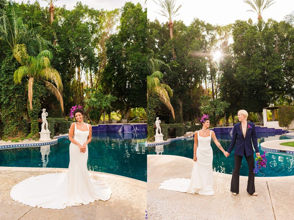 Same-sex couple ceremony setup at a Cree Estate wedding in Palm Springs with colorful seating