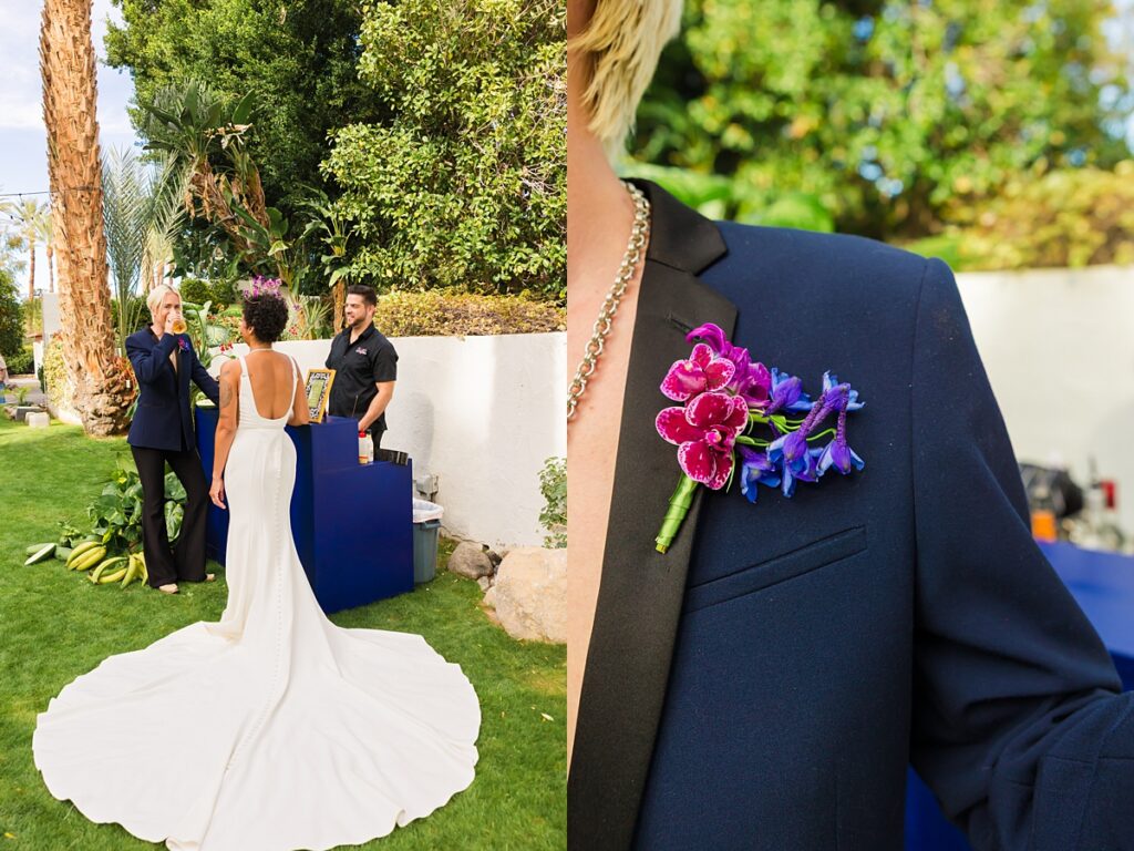 Same-sex couple ceremony setup at a Cree Estate wedding in Palm Springs with colorful seating