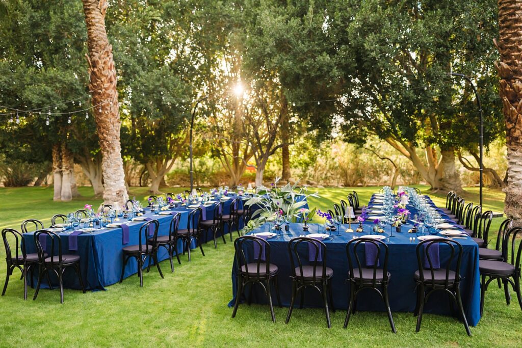 Same-sex couple ceremony setup at a Cree Estate wedding in Palm Springs with colorful seating