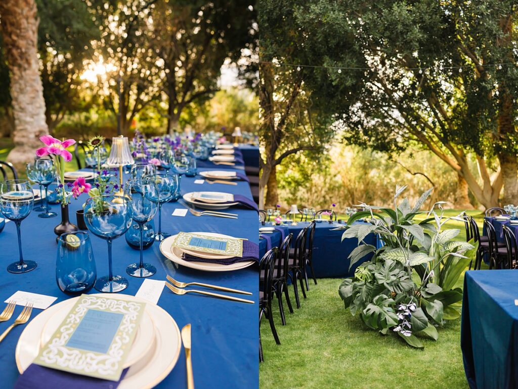 Same-sex couple ceremony setup at a Cree Estate wedding in Palm Springs with colorful seating