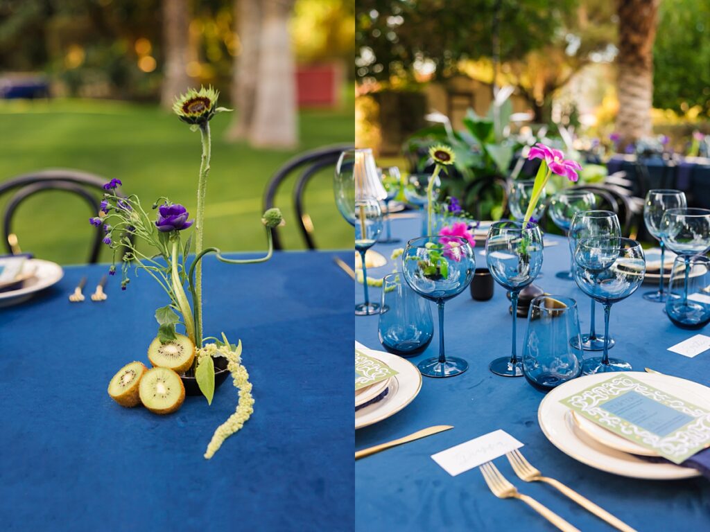 Same-sex couple ceremony setup at a Cree Estate wedding in Palm Springs with colorful seating