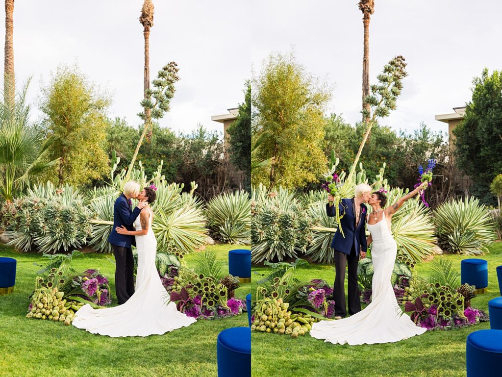 Same-sex couple ceremony setup at a Cree Estate wedding in Palm Springs with colorful seating