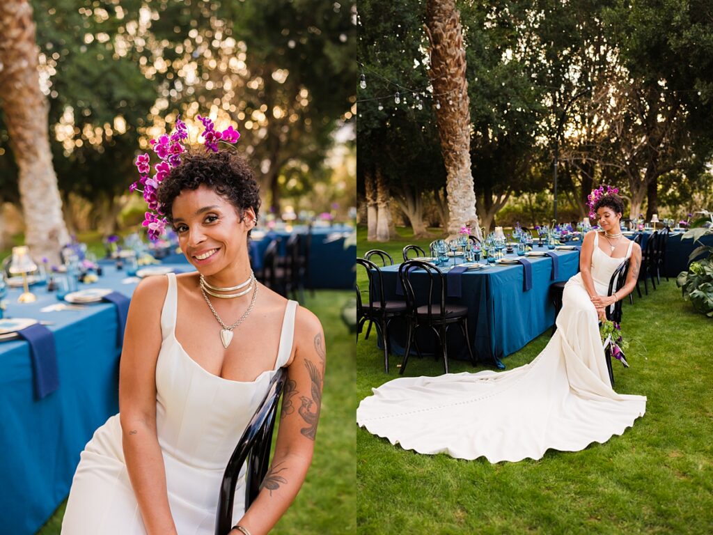 Same-sex couple ceremony setup at a Cree Estate wedding in Palm Springs with colorful seating