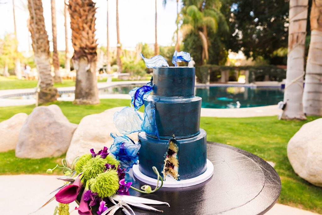 Same-sex couple ceremony setup at a Cree Estate wedding in Palm Springs with colorful seating