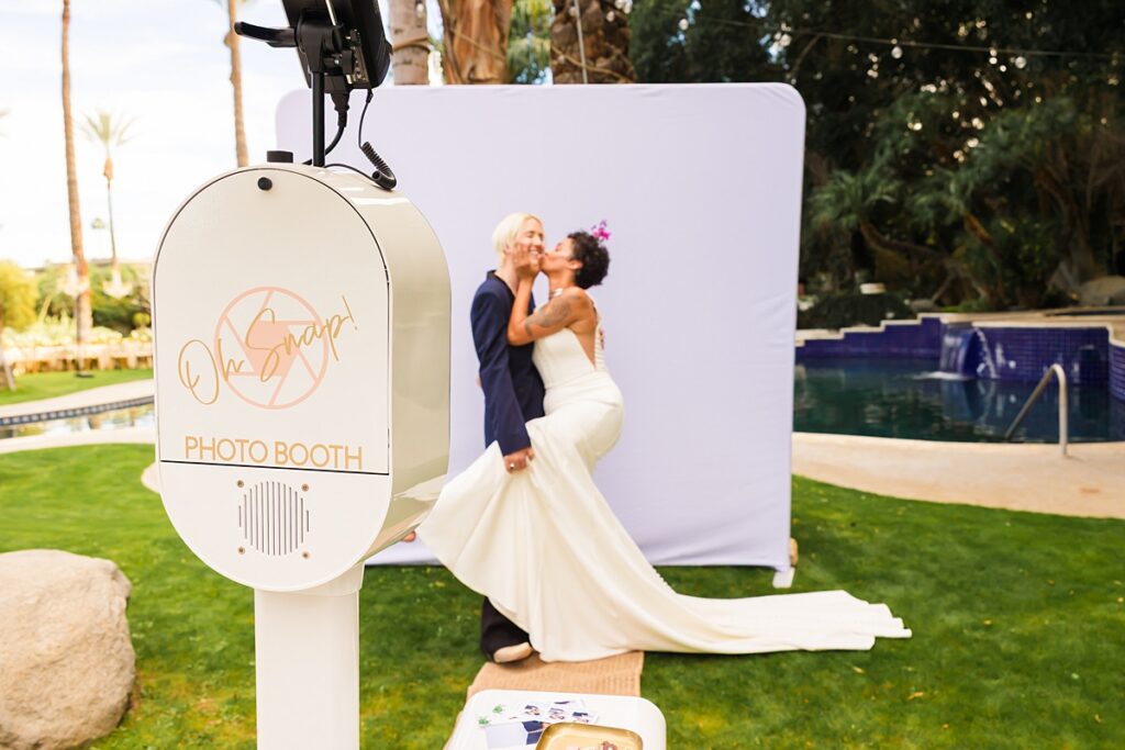 Same-sex couple ceremony setup at a Cree Estate wedding in Palm Springs with colorful seating