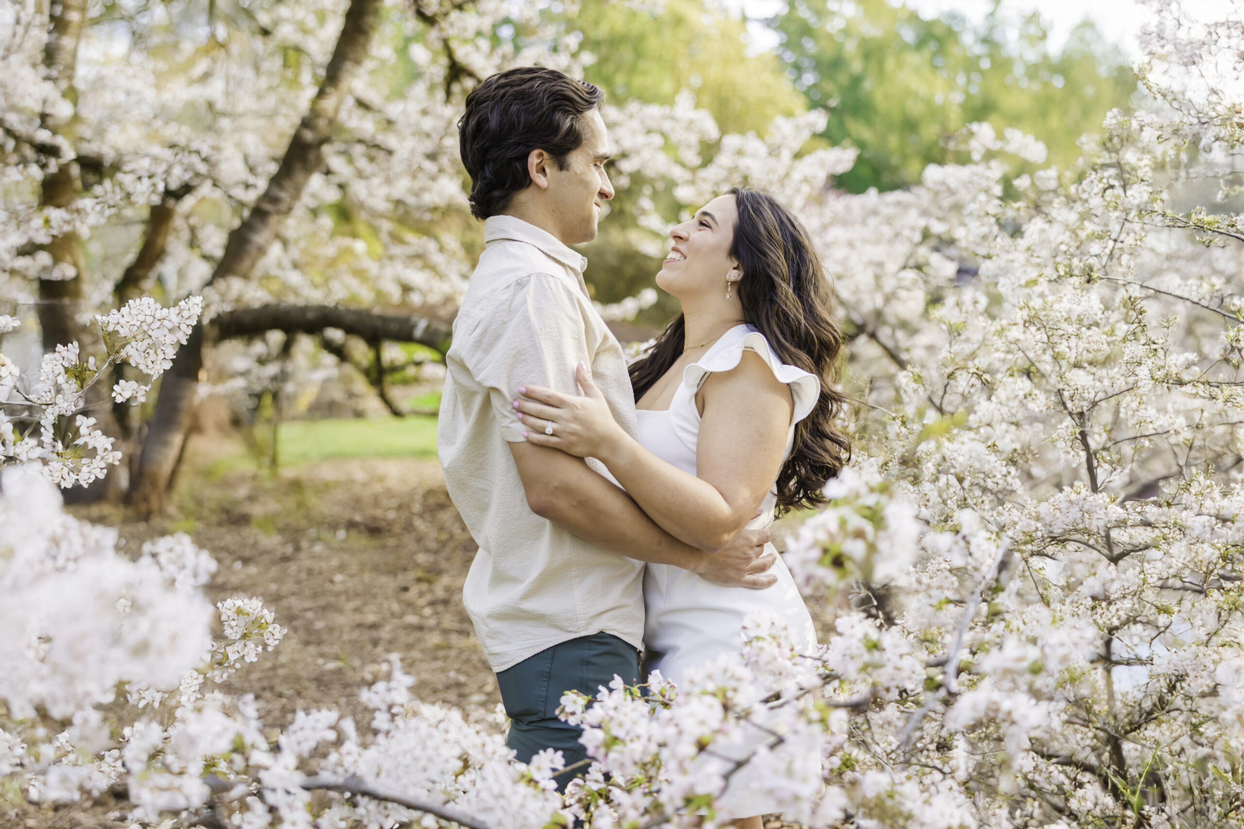 Seattle engagement photos at Washington Park Arboretum with cherry blossoms and couple embracing