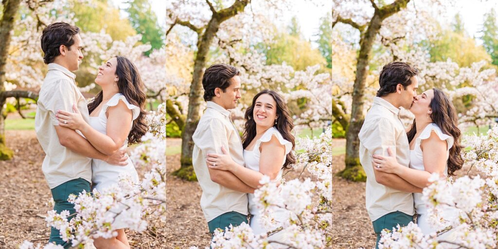 Seattle engagement photos at Washington Park Arboretum with cherry blossoms and couple embracing