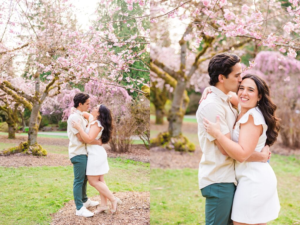 Seattle engagement photos at Washington Park Arboretum with cherry blossoms and couple embracing