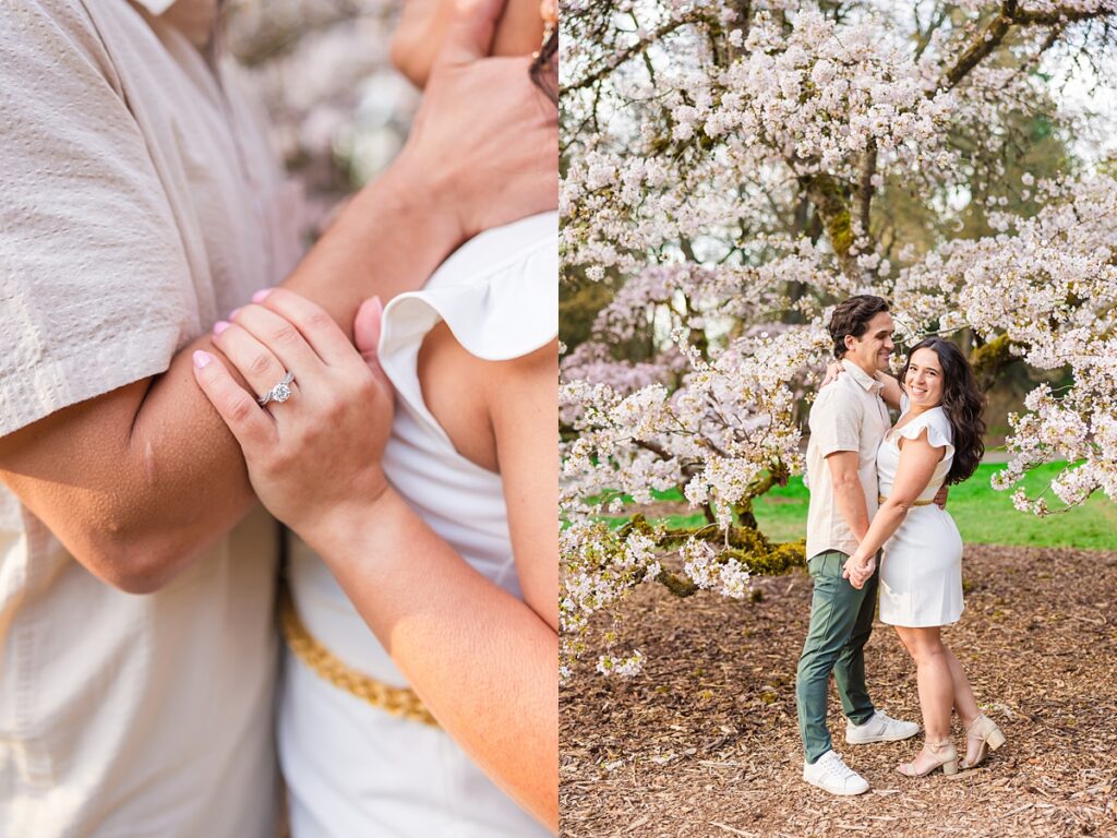 Seattle engagement photos at Washington Park Arboretum with cherry blossoms and couple embracing