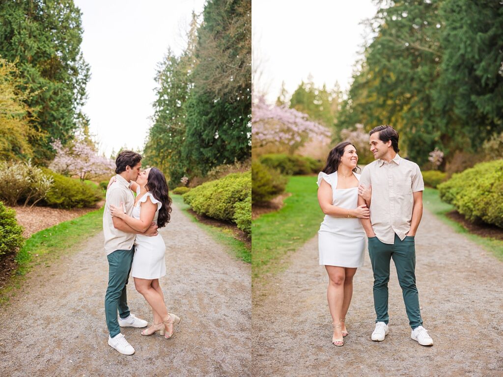 Seattle engagement photos at Washington Park Arboretum with cherry blossoms and couple embracing