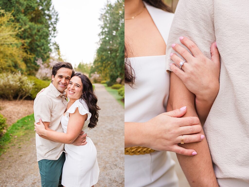 Seattle engagement photos at Washington Park Arboretum with cherry blossoms and couple embracing