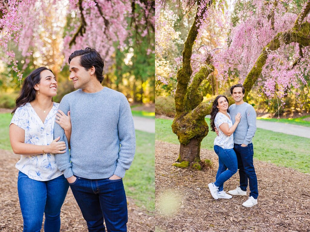 Seattle engagement photos at Washington Park Arboretum with cherry blossoms and couple embracing