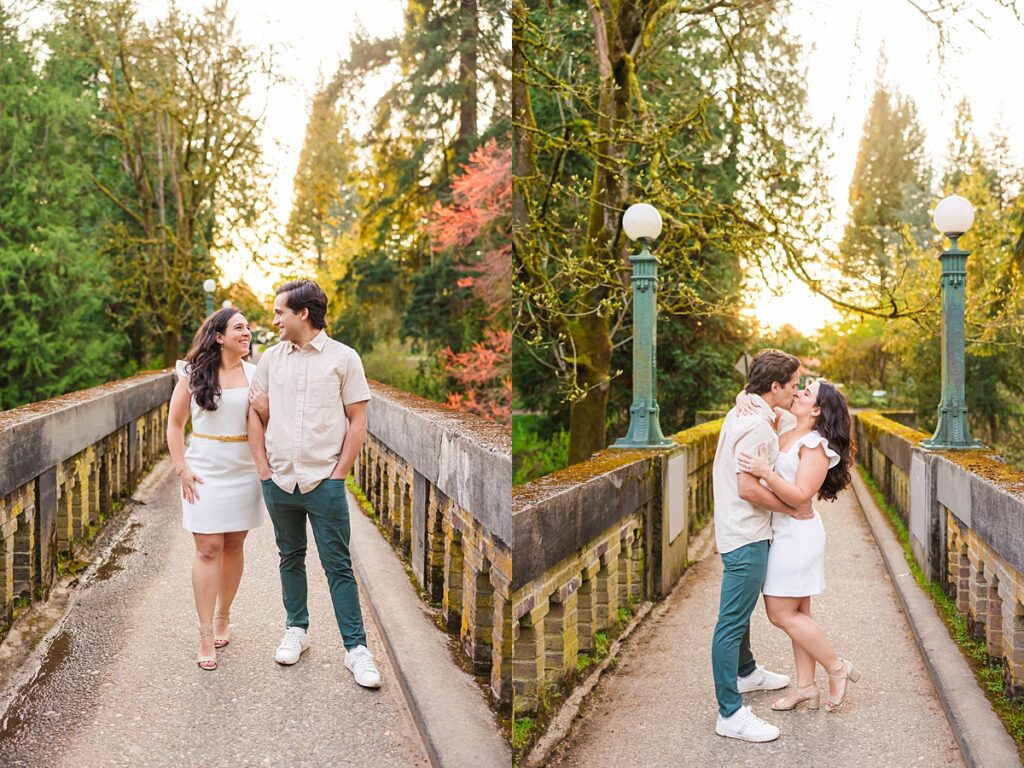 Seattle engagement photos at Washington Park Arboretum with cherry blossoms and couple embracing