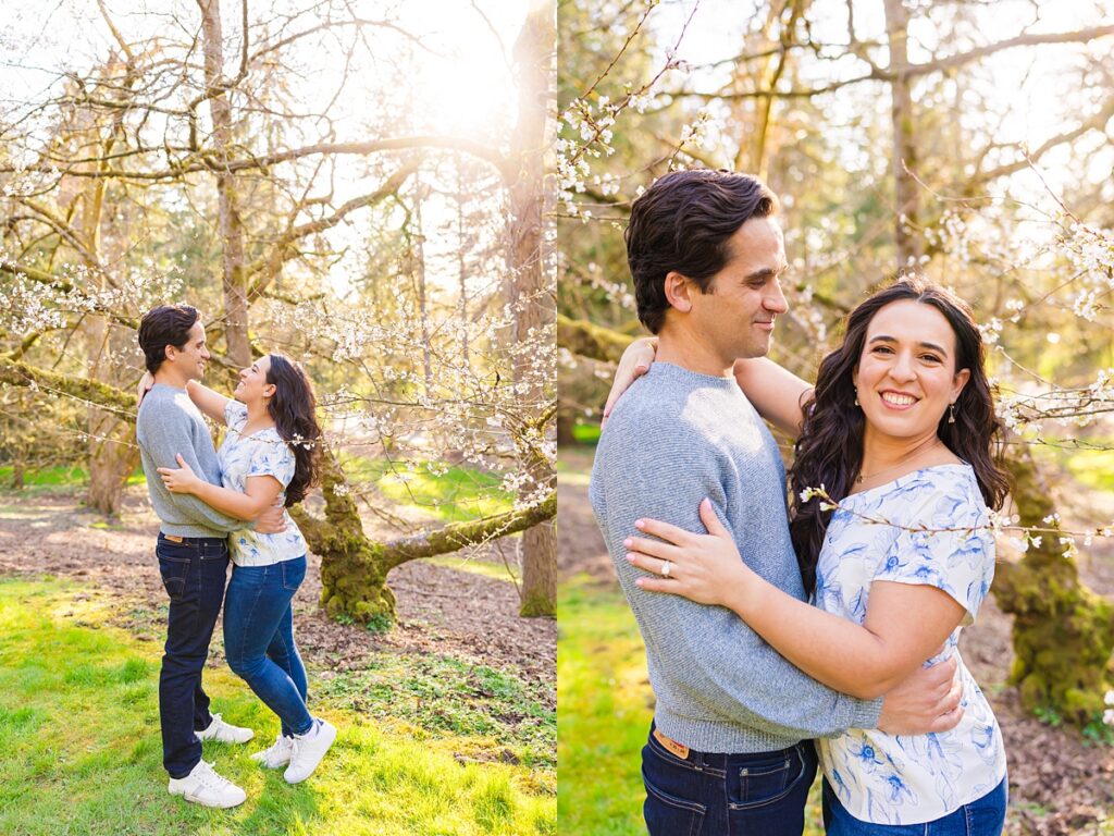 Seattle engagement photos at Washington Park Arboretum with cherry blossoms and couple embracing