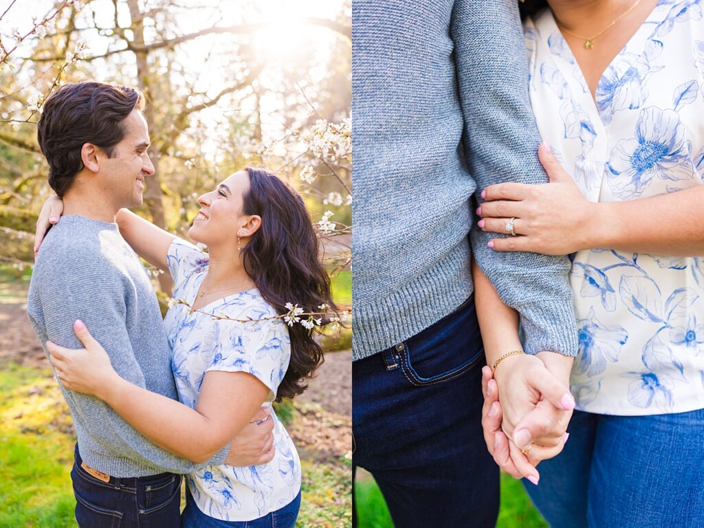 Seattle engagement photos at Washington Park Arboretum with cherry blossoms and couple embracing
